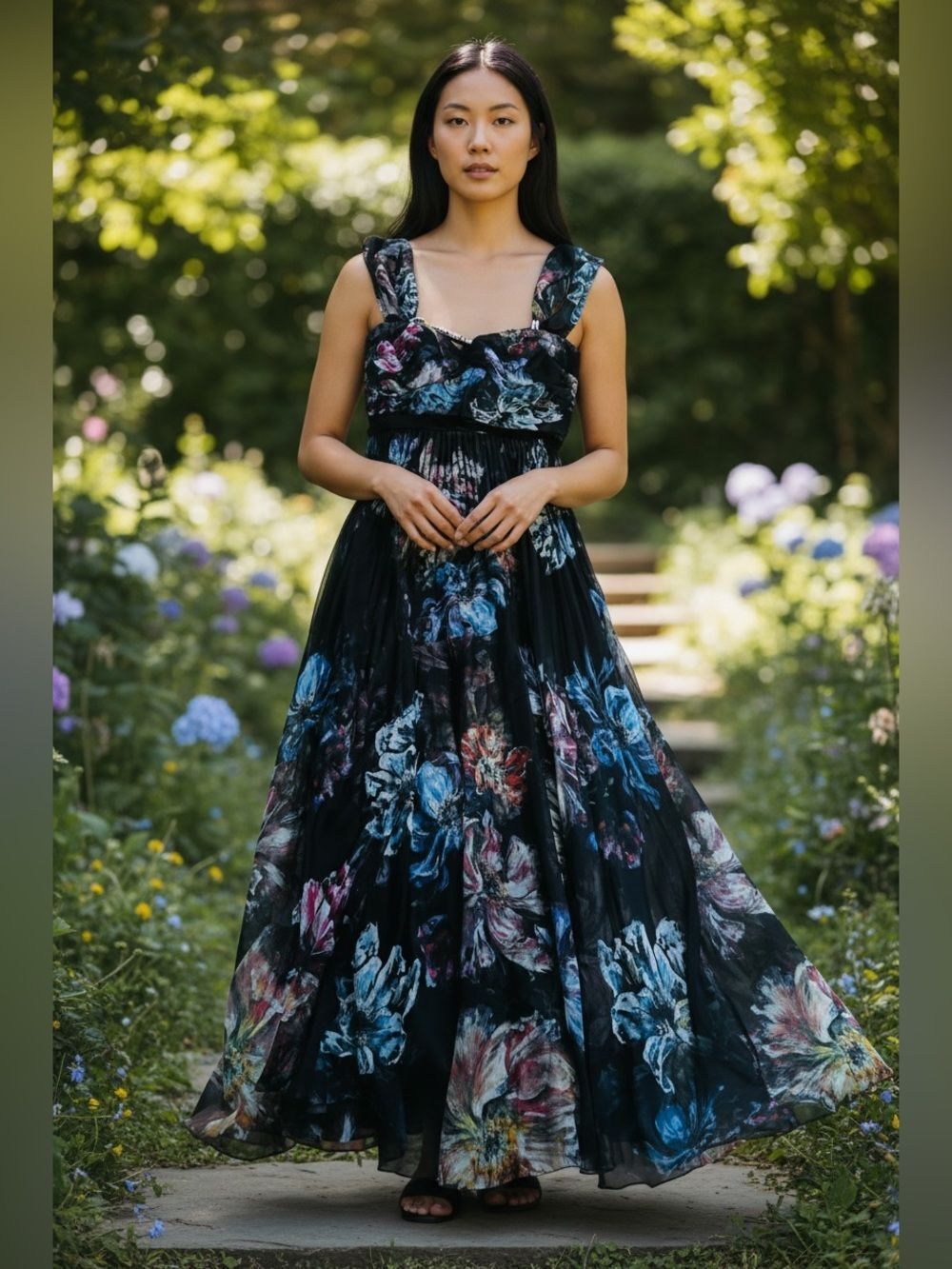 Marchesa Notte Black Floral Printed Gown Size 16